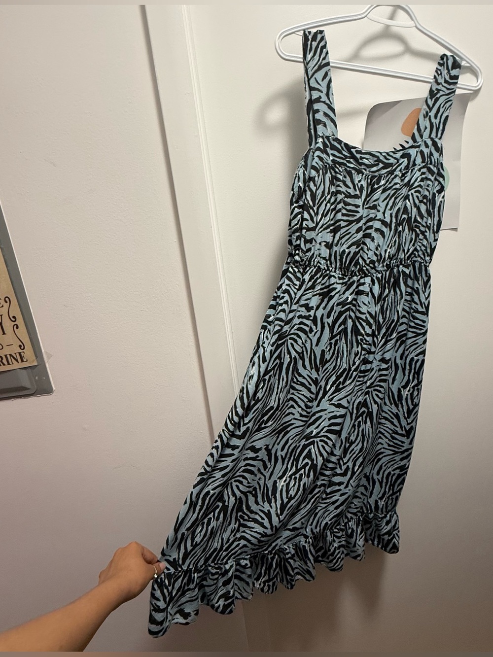 Papaya Light Blue Black Zebra Print Ruffle Hem Midi Dress 14